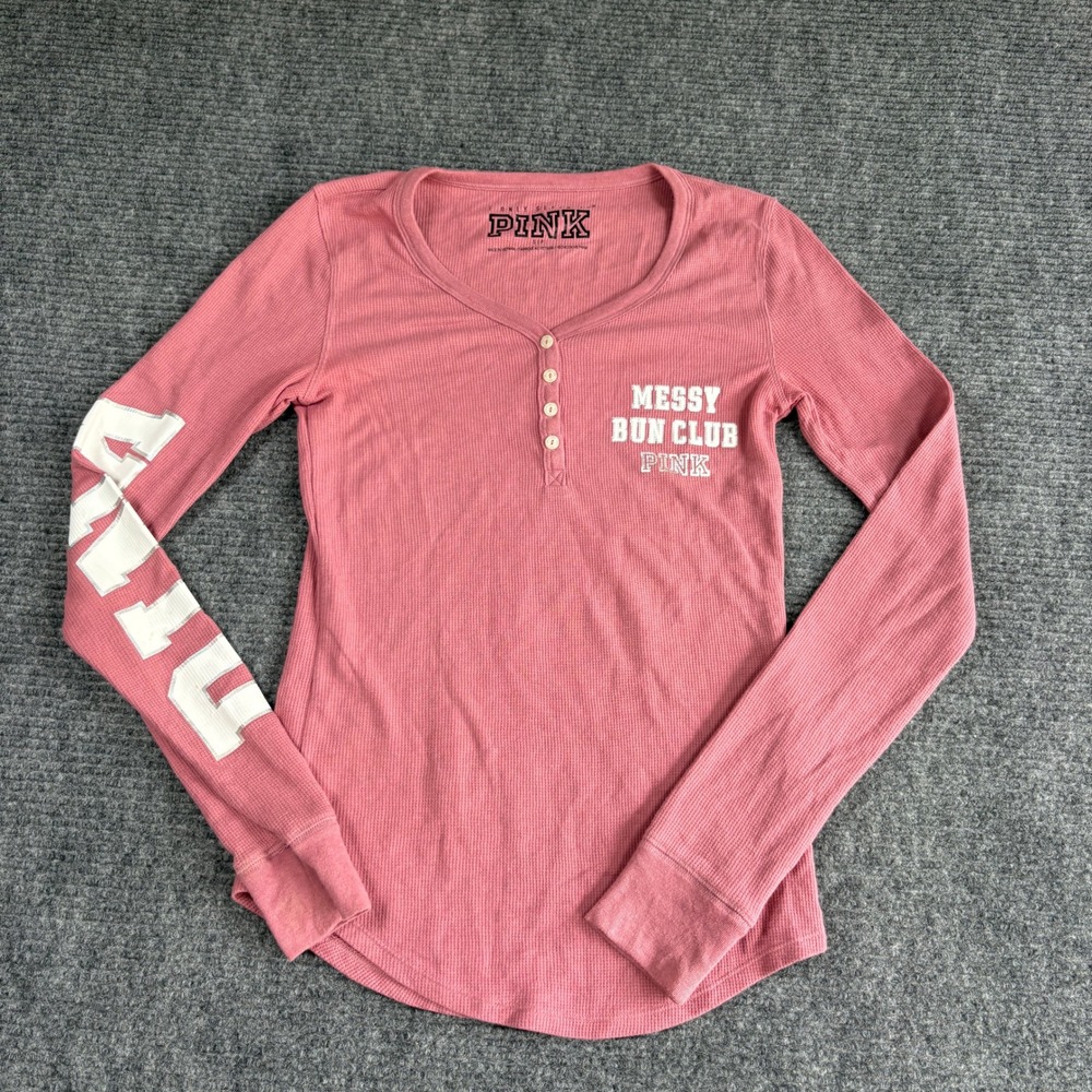 PINK Victoria's Secret Messy Bun Club Henley Thermal Waffle Top Pink Small